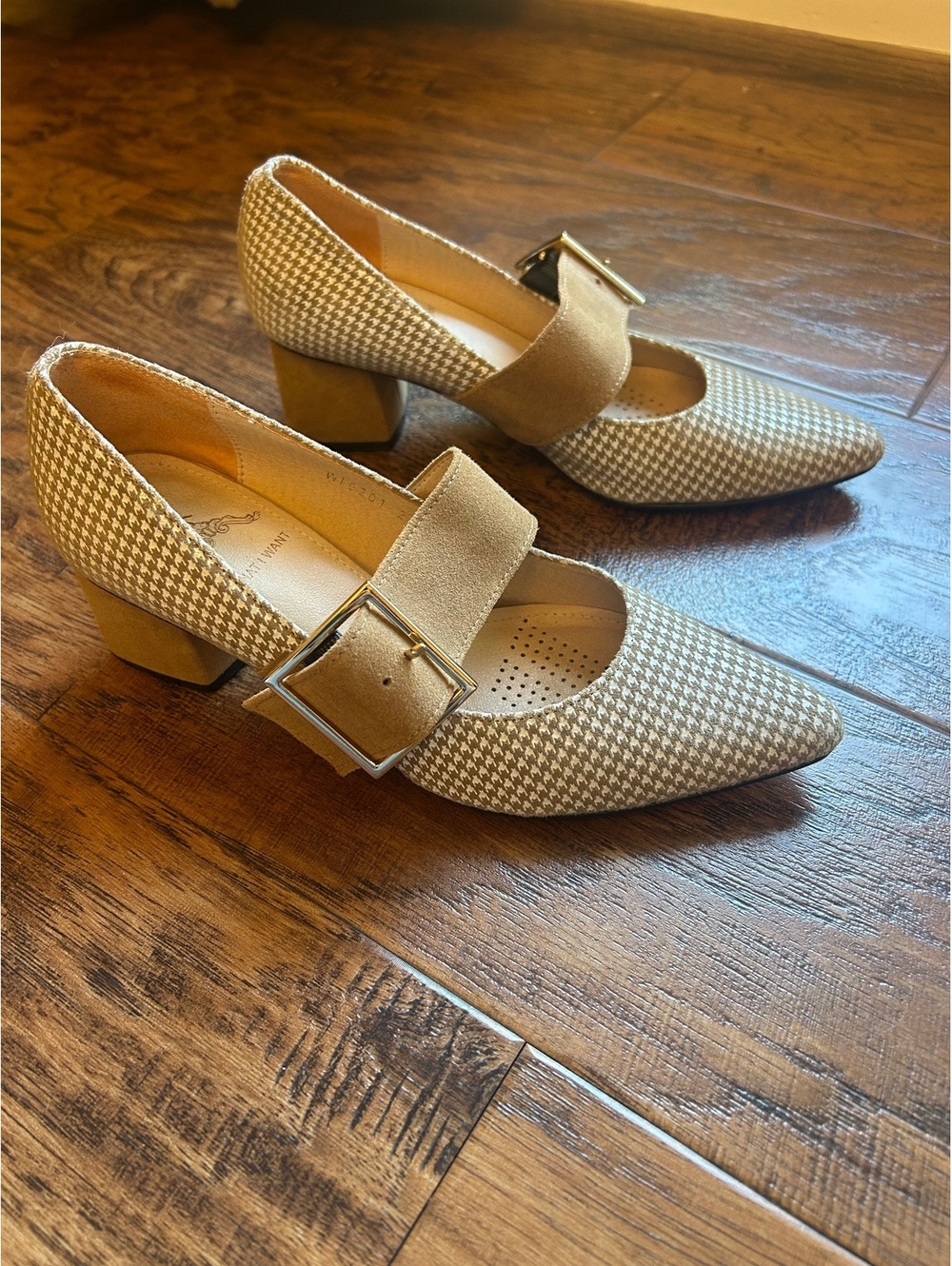 Houndstooth Pattern Mary Jane pointed toe block heel smart casual sz 6.5